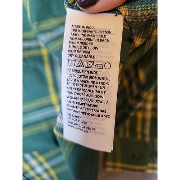 prAna Button Up Flannel Shirt Men's Small Green Yellow Plaid Casual, NWT $79 - Picture 5 of 13
